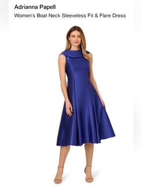 Adrianna Papell Satin Boat Neck Midi Dress in Royal Blue